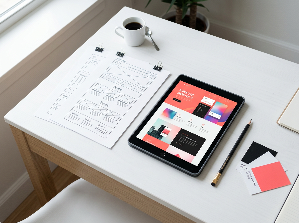 Wireframe-Skizzen auf Papier neben einem Tablet mit dem fertigen Website-Design